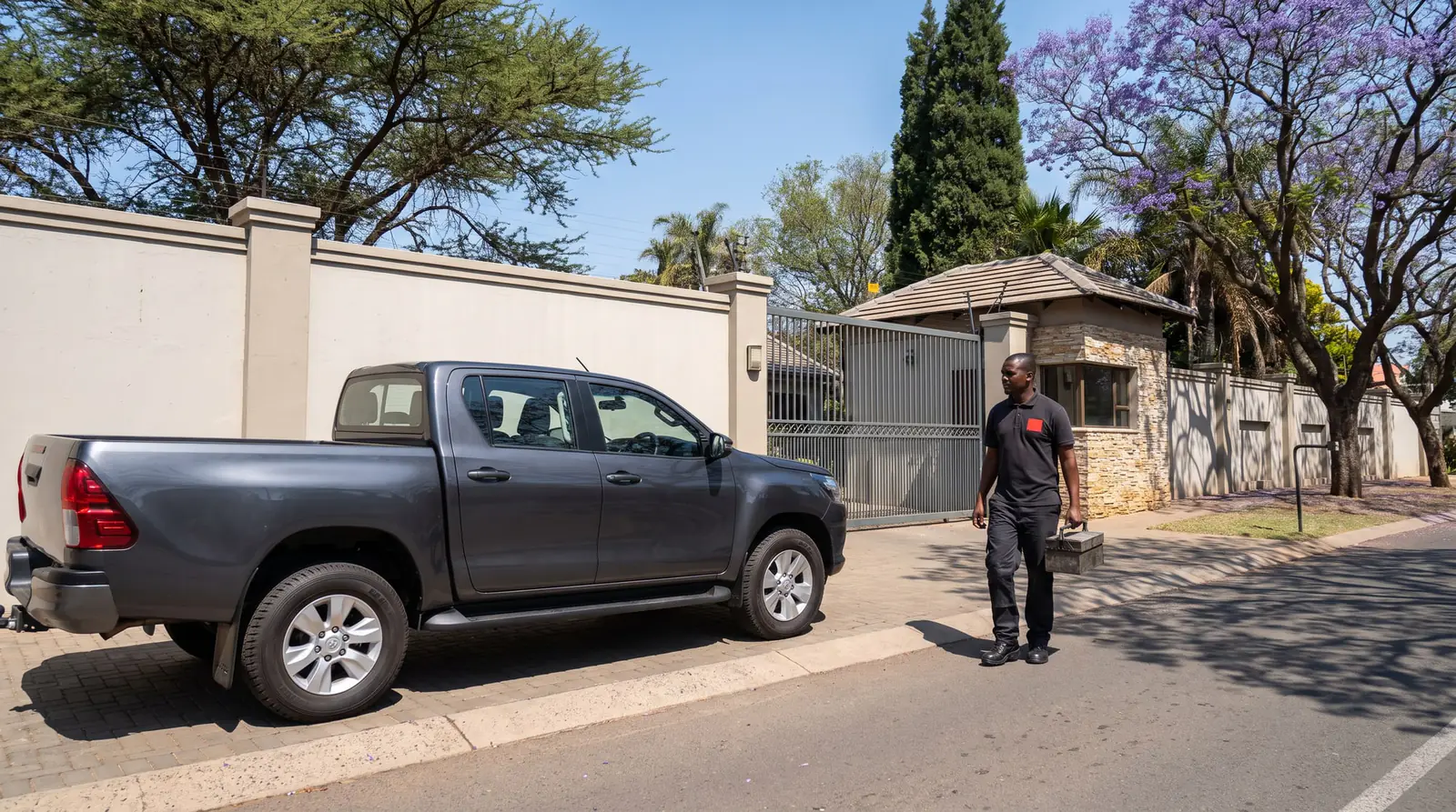A technician with a toolbox walking from a grey double-cab bakkie towards an estate guardhouse