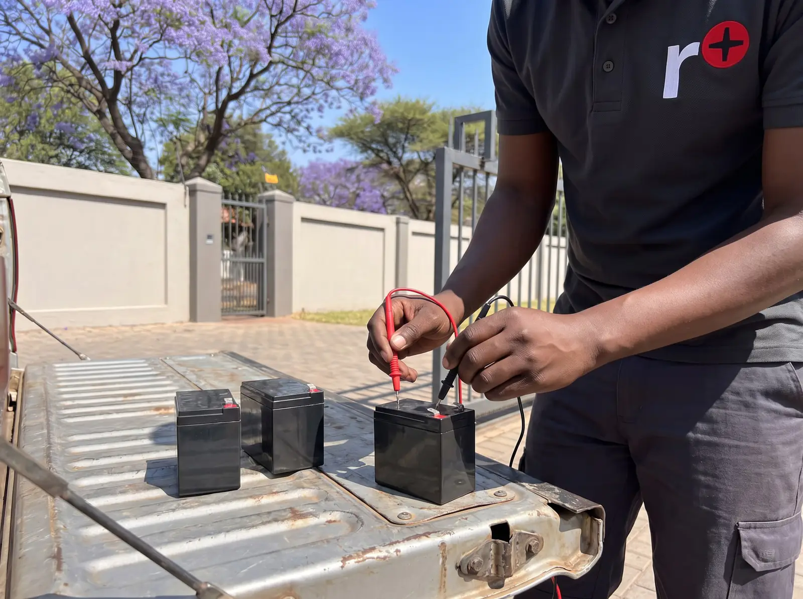 A technician testing a small sealed battery with multimeter probes on a bakkie's tailgate