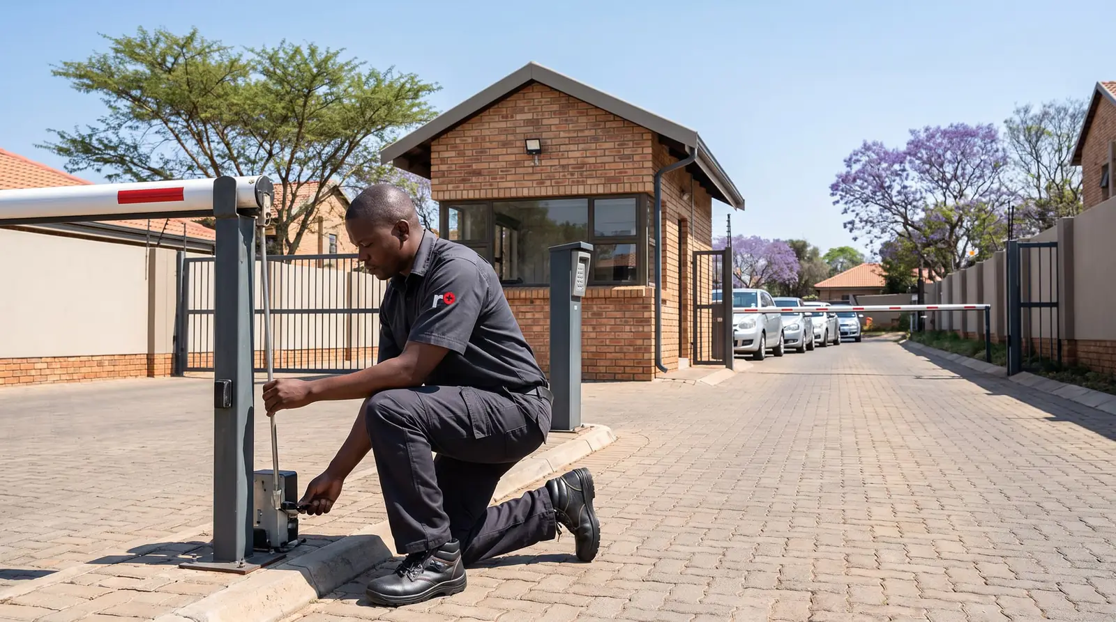 A technician adjusting a boom gate arm at a complex entrance, a guardhouse behind