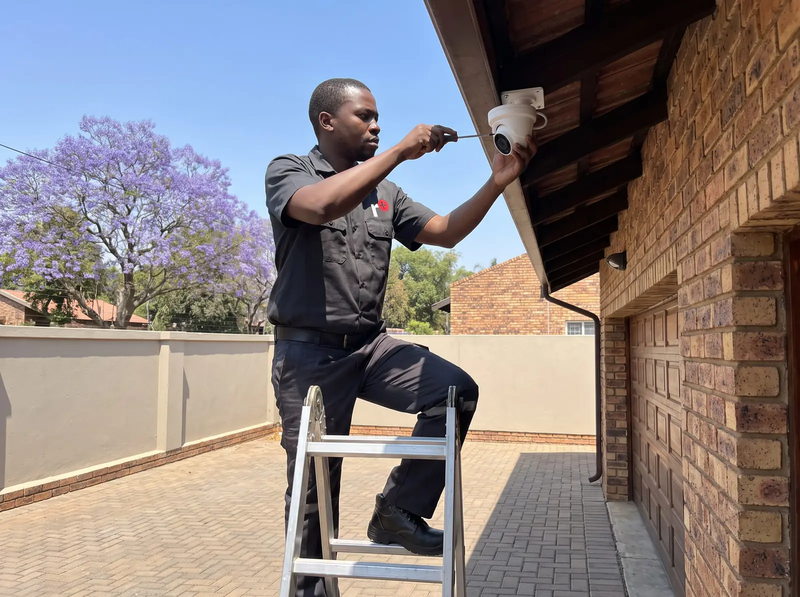 A technician on a ladder mounting a white dome camera under the roof eave of a face-brick house