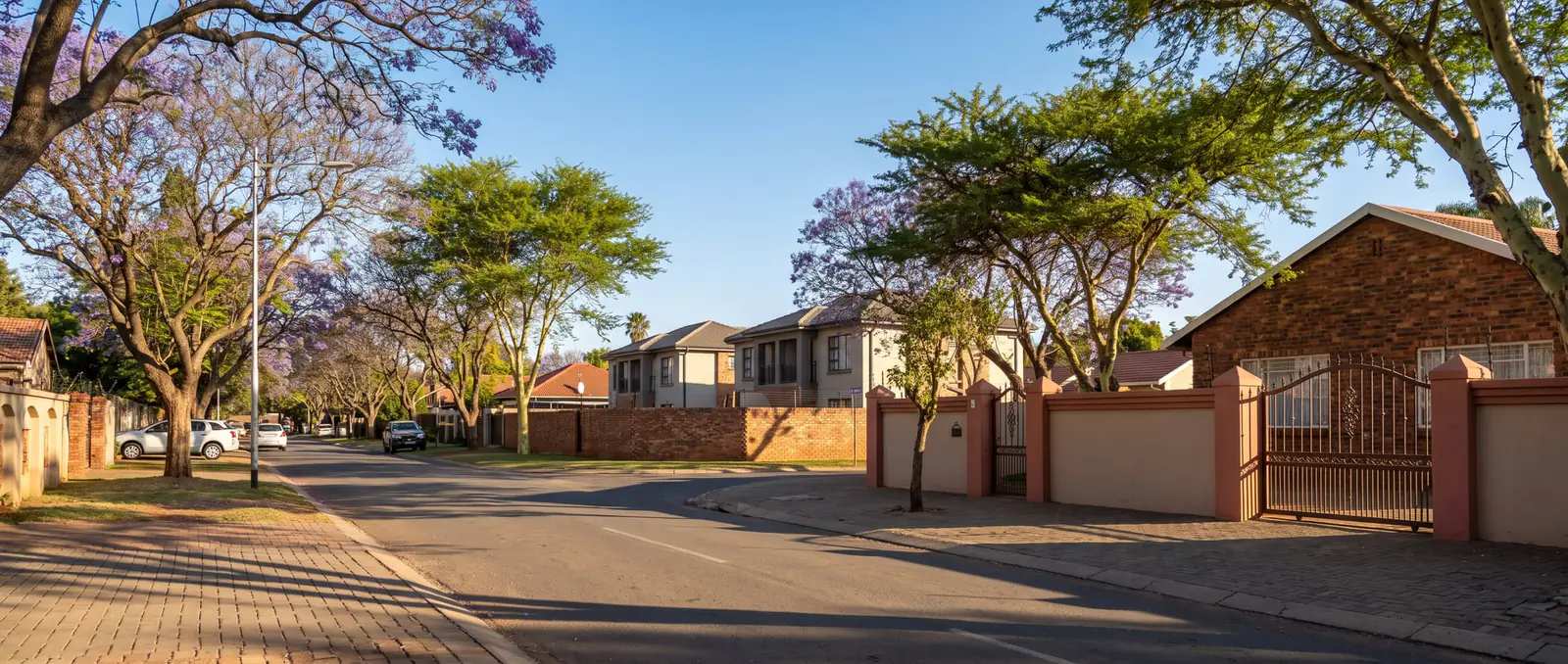A tree-lined East Rand street of face-brick homes with low walls and steel driveway gates