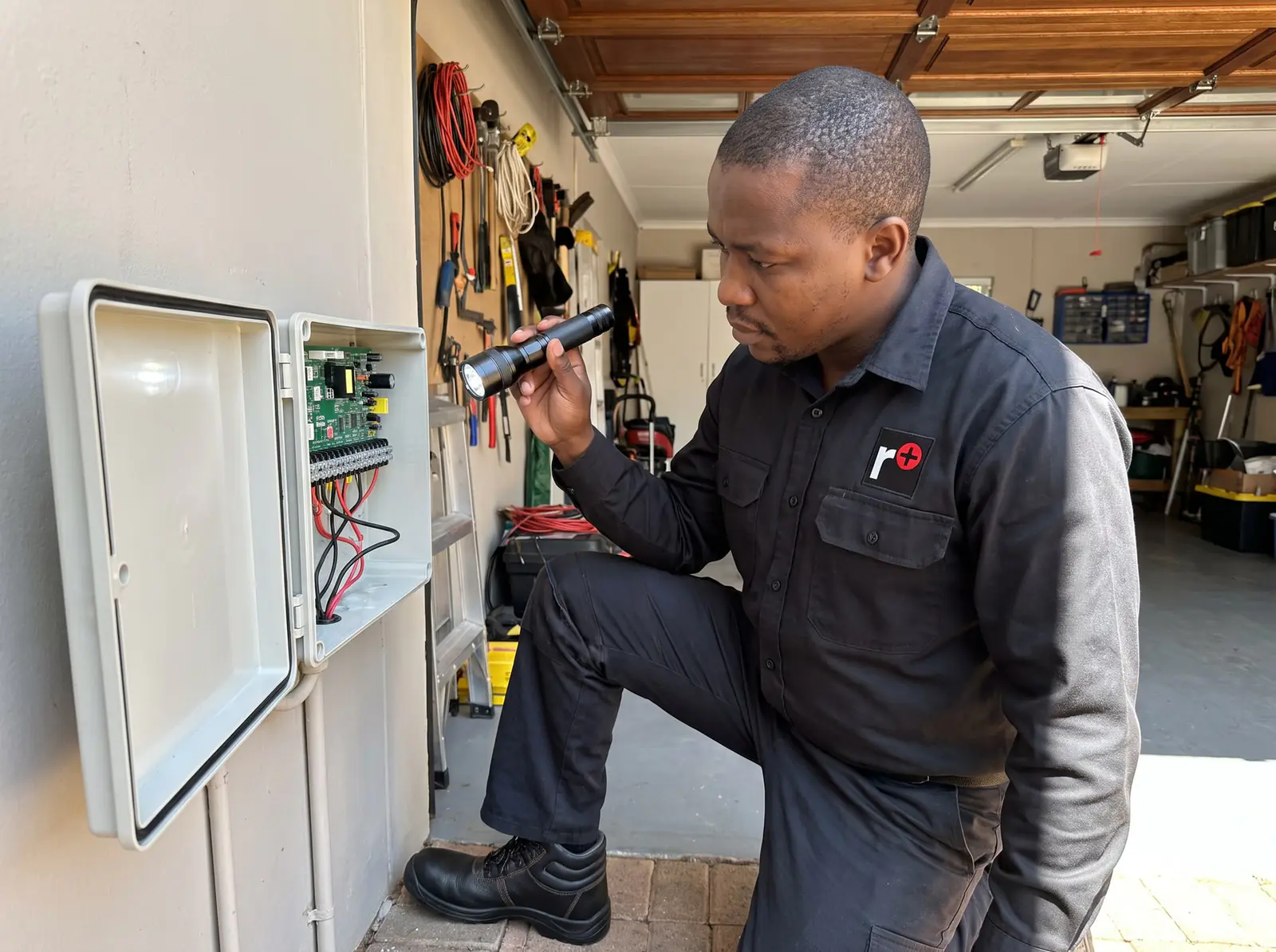 A technician shining a torch on the terminals of an open electric fence energiser box in a garage
