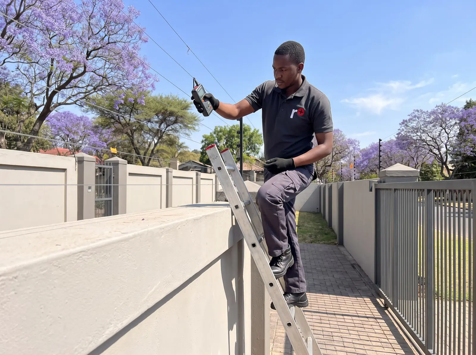 A technician on a ladder holding a fence tester against the strands of an electric fence on a boundary wall