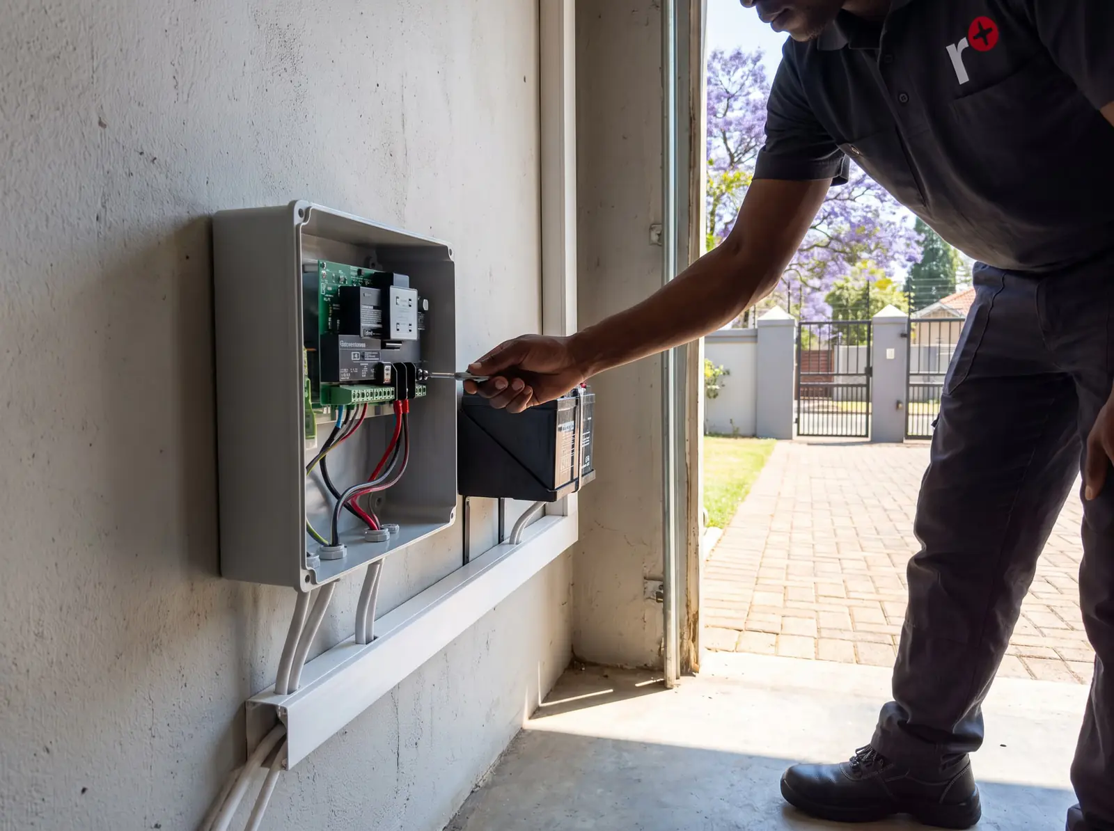 A technician fitting a wall-mounted electric fence energiser box, with neat cable ducting