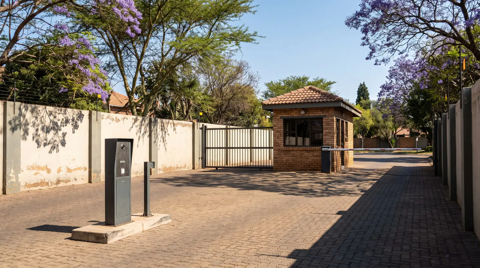 A residential estate entrance with a boom gate, a guardhouse and a visitor intercom pedestal