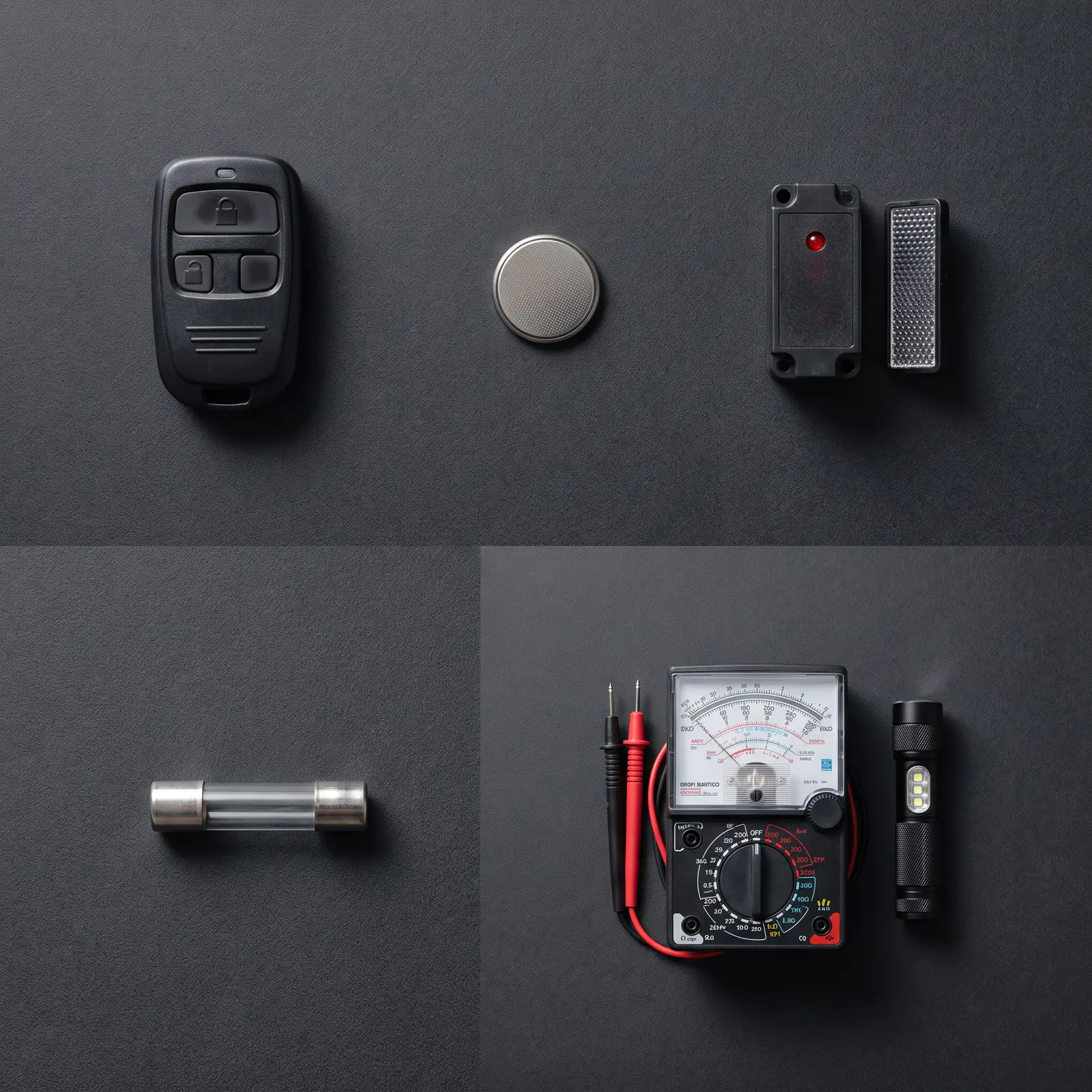 A gate remote, a battery, a safety beam, a fuse and a multimeter laid out on a graphite surface