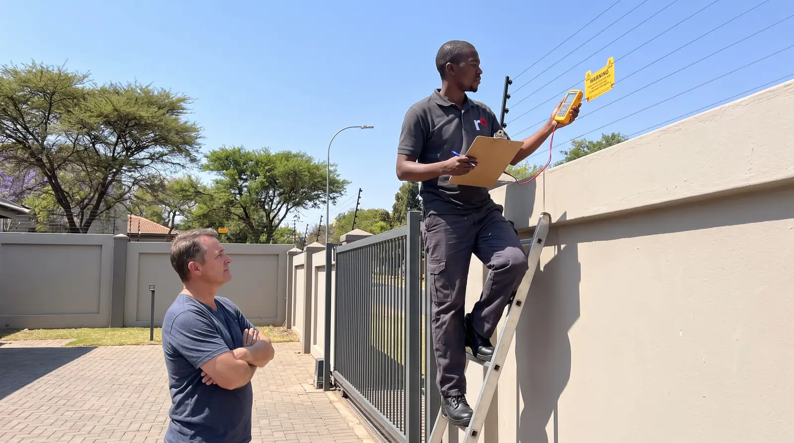 A technician with a clipboard on a ladder checking a wall-top electric fence while the homeowner watches