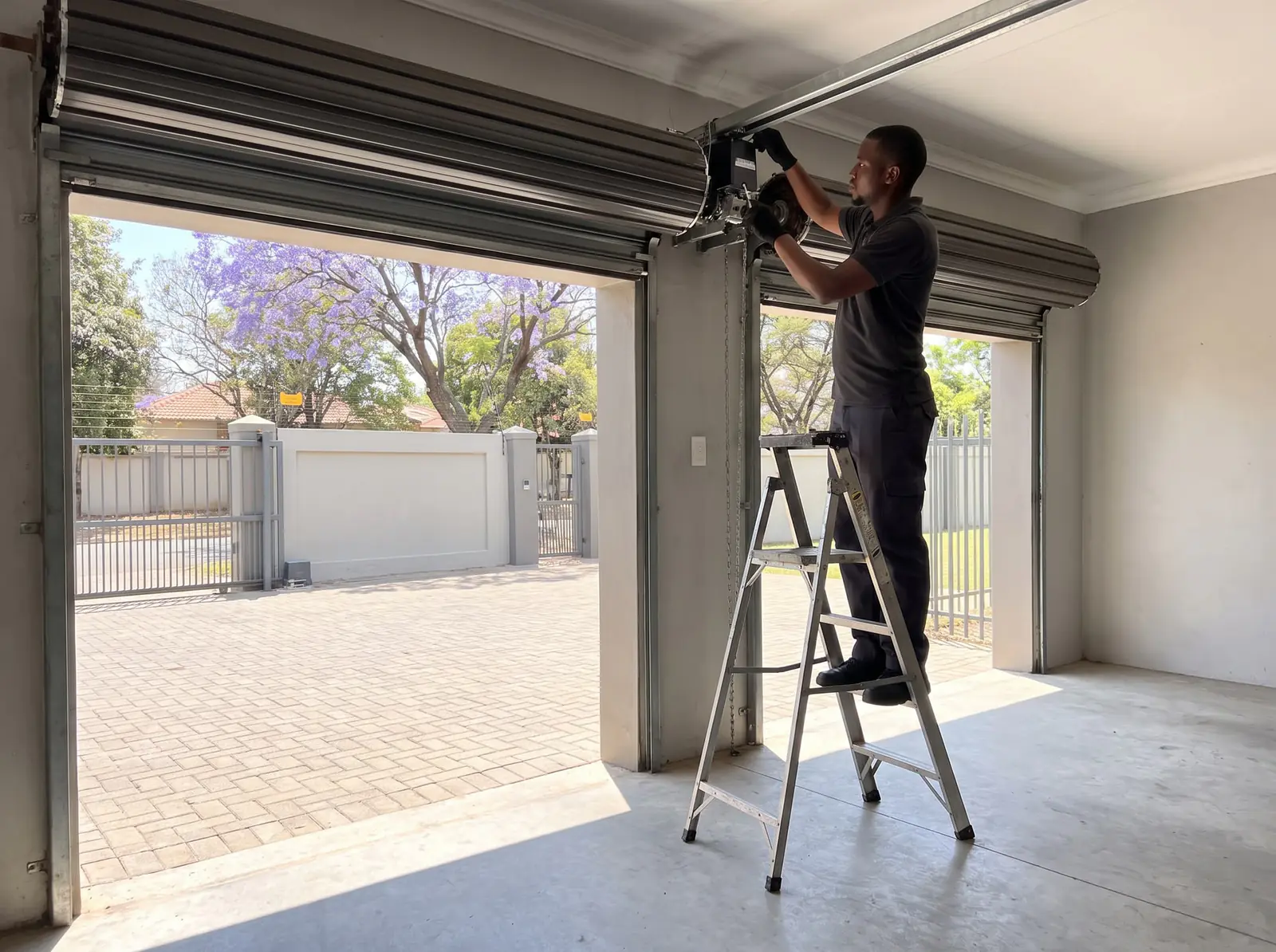 A technician on a stepladder fitting a roll-up garage door motor above a half-open door