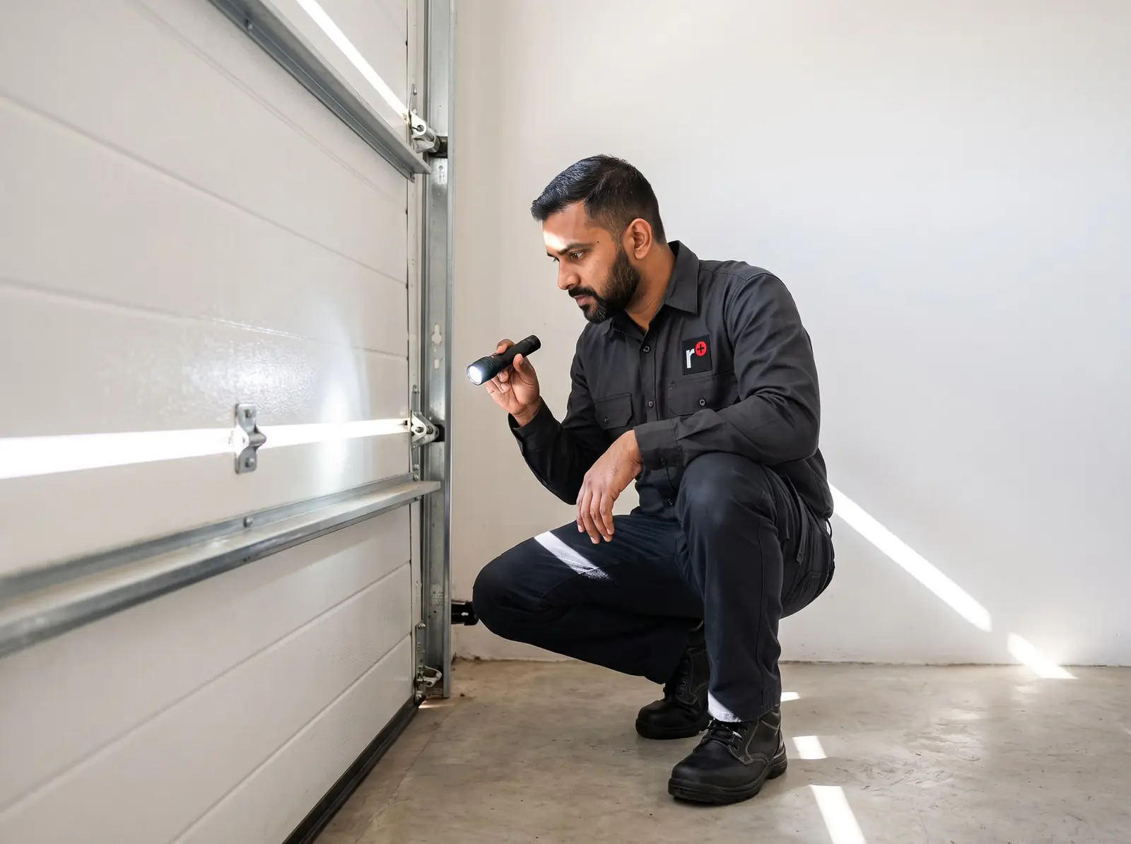 A technician crouching inside a garage, checking the side track of a white sectional door with a torch