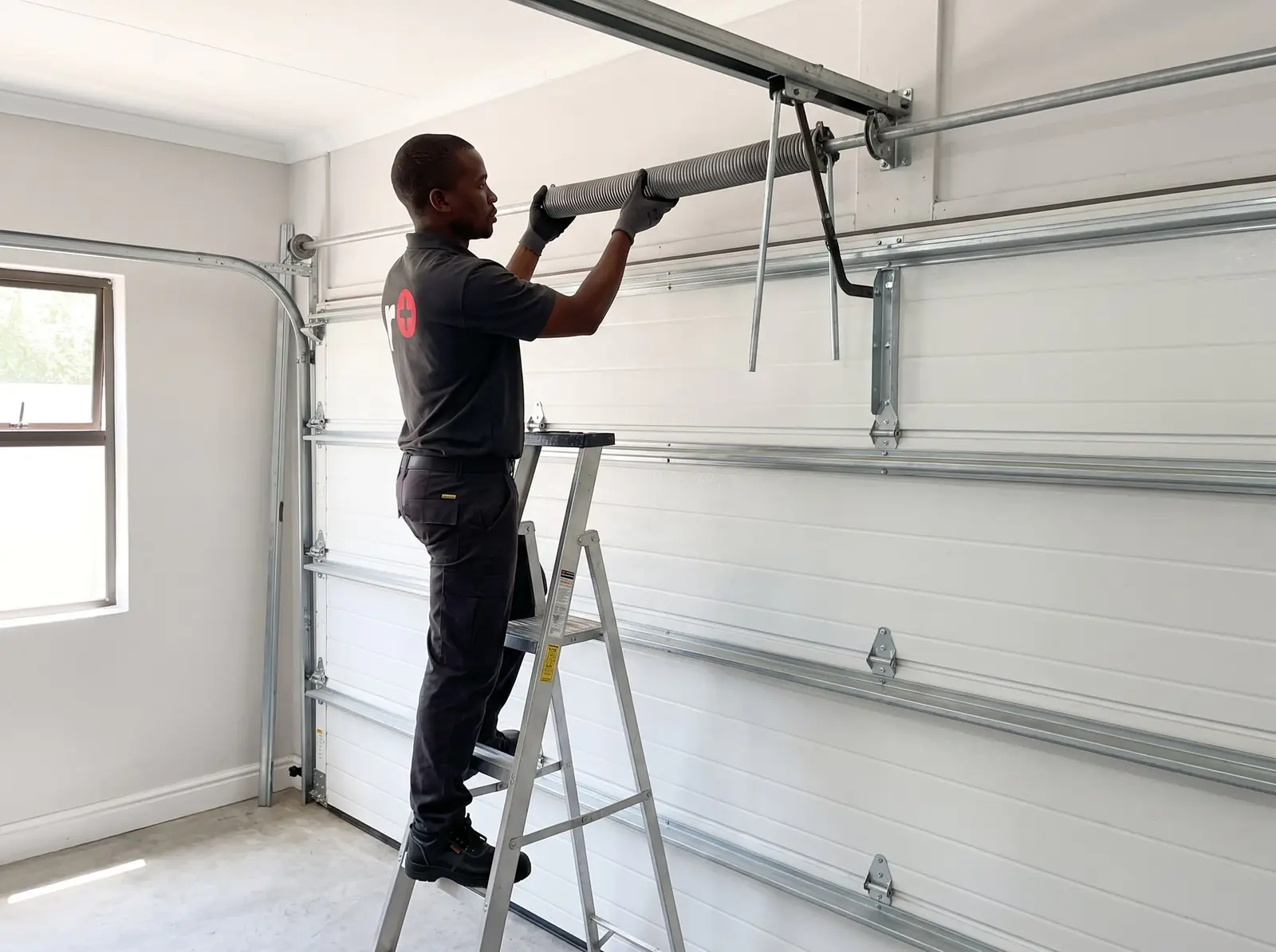 A technician on a ladder working on the torsion spring shaft above a sectional garage door