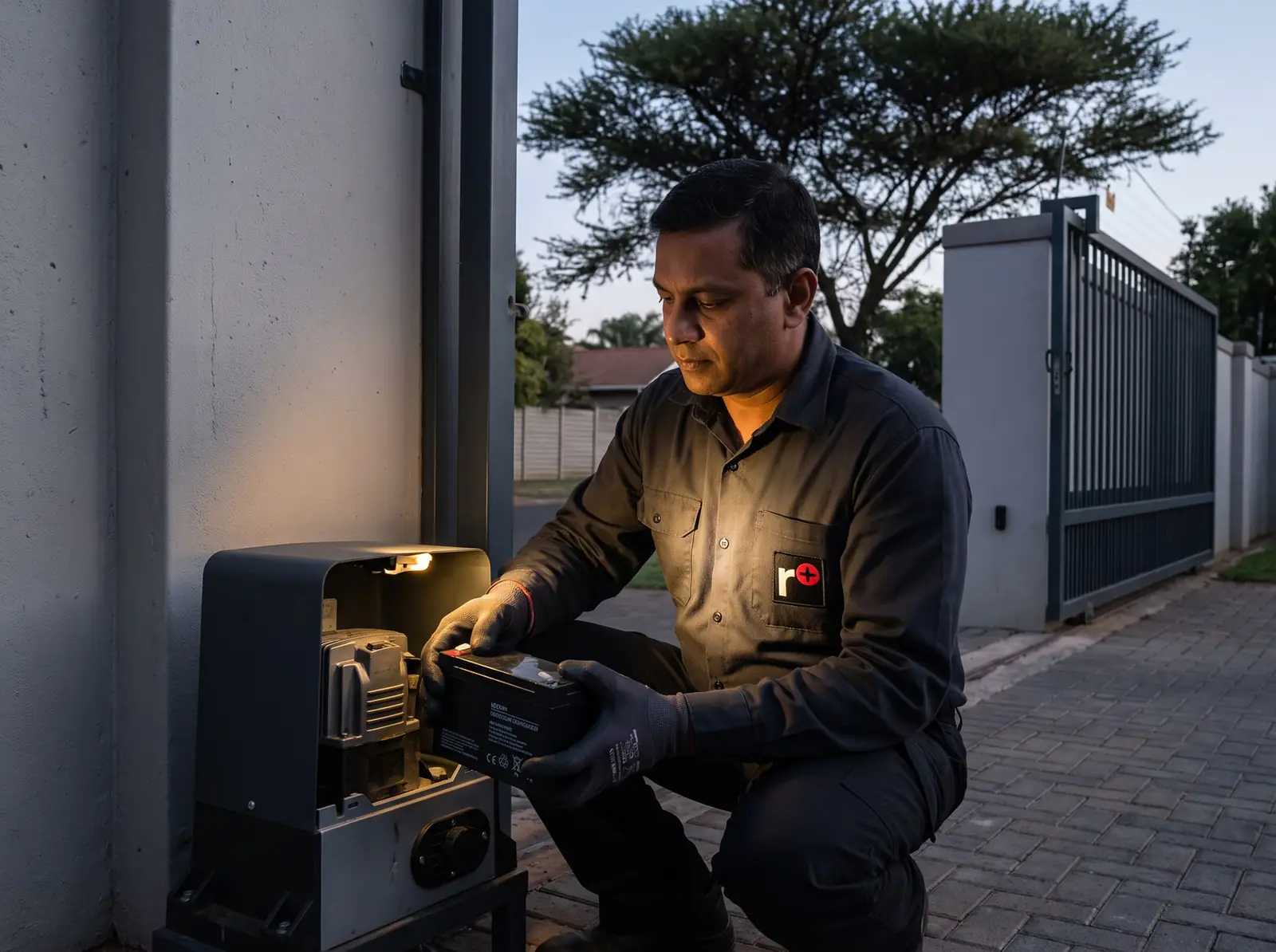 A technician lifting a small sealed battery out of an open sliding gate motor at dusk