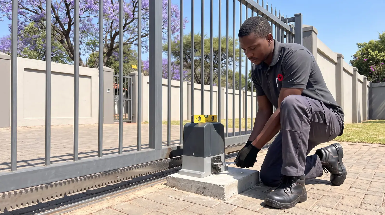 A technician fitting a sliding gate motor onto a concrete plinth beside a steel gate