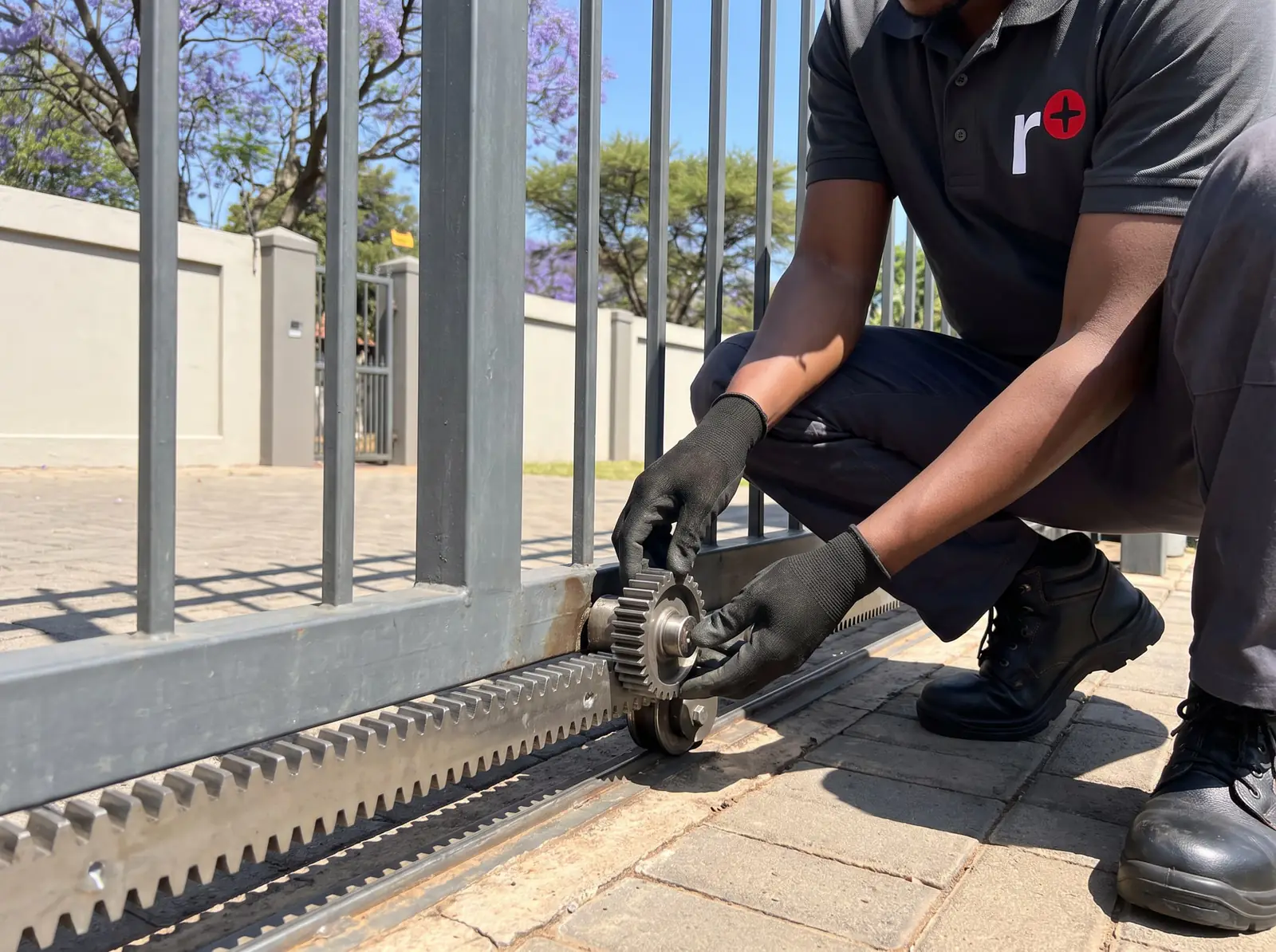 Gloved hands fitting a steel gear rack along the bottom of a sliding gate, the motor's pinion gear beside it