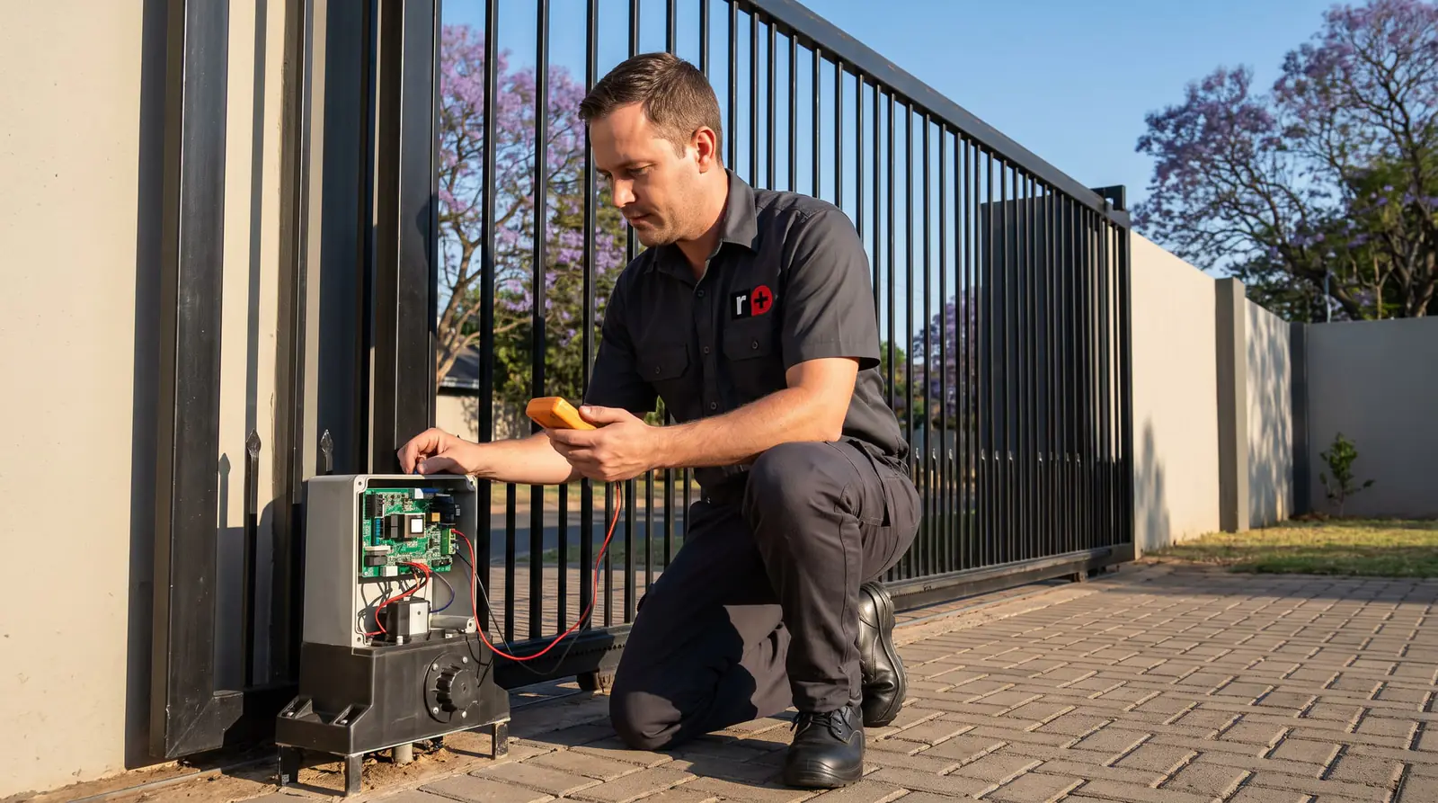 A technician kneels beside a sliding gate motor with its cover off, checking the control board with a multimeter