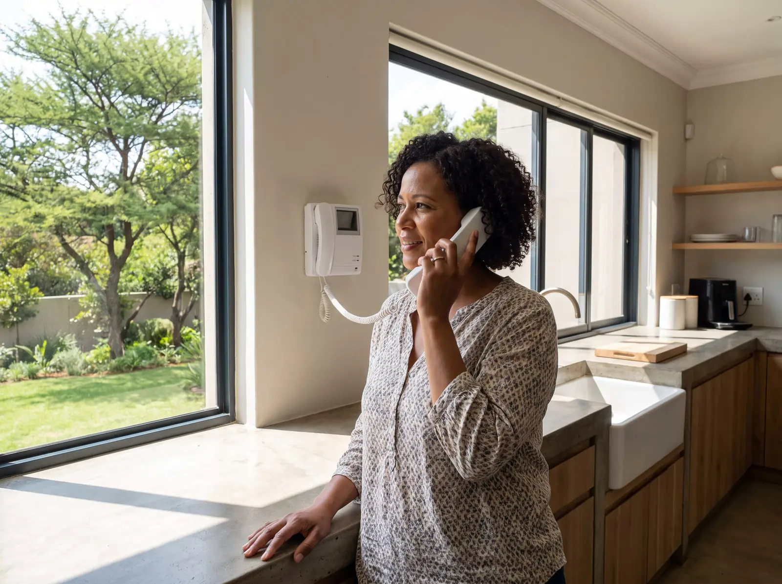 A woman answering a white wall-mounted intercom handset in her kitchen