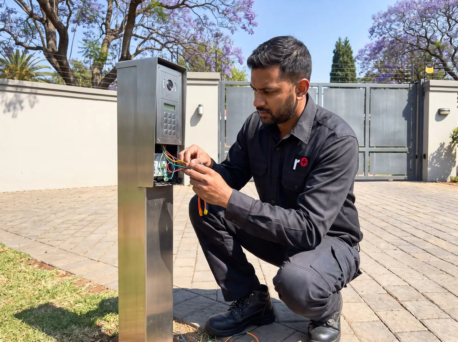 A technician wiring the back of a gate intercom keypad on a steel pedestal at a driveway