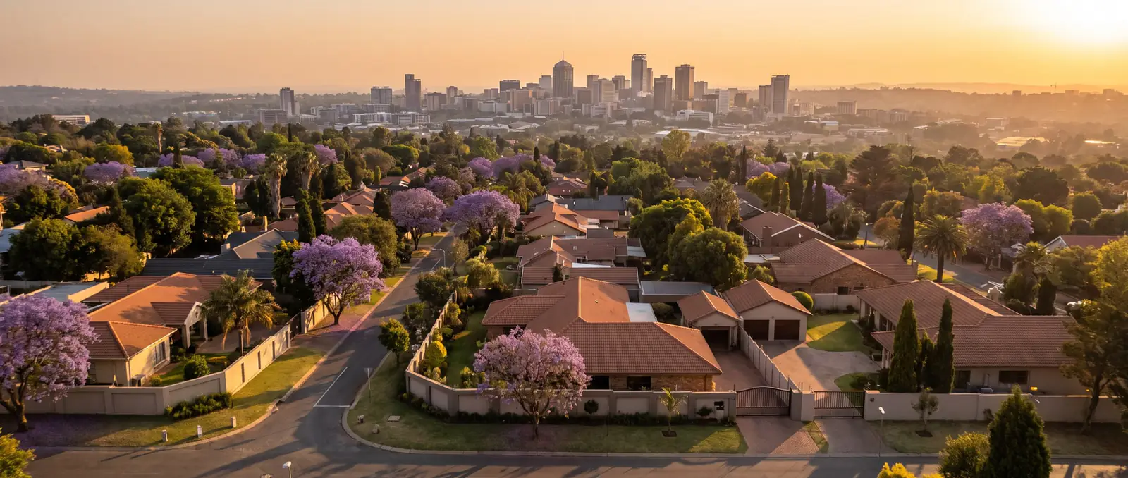 Rooftops, walls and jacaranda trees of Johannesburg's northern suburbs at golden hour, the city skyline behind