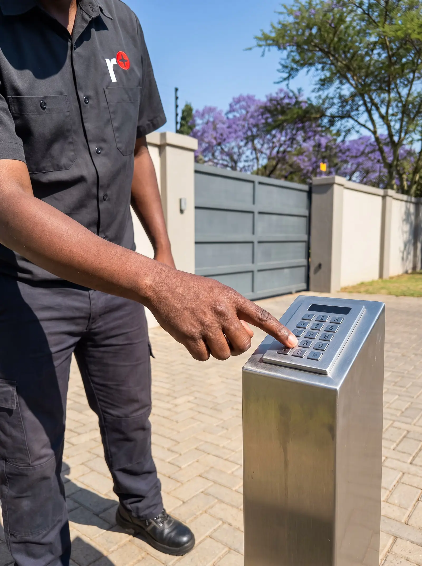 A hand entering a code on a steel keypad pedestal beside a driveway gate