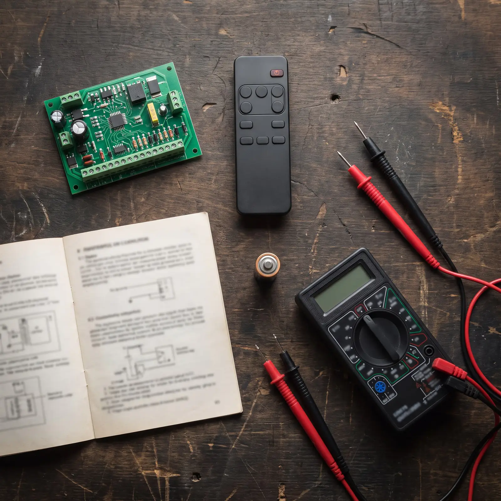 A gate motor control card, a remote, a multimeter and a printed manual on a dark workbench