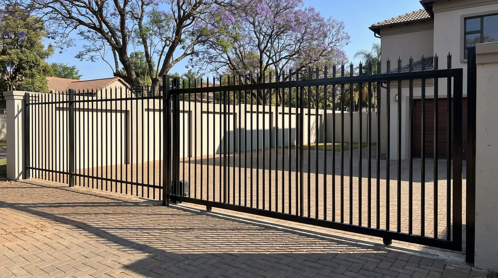 A new black steel palisade fence and sliding gate along a suburban property
