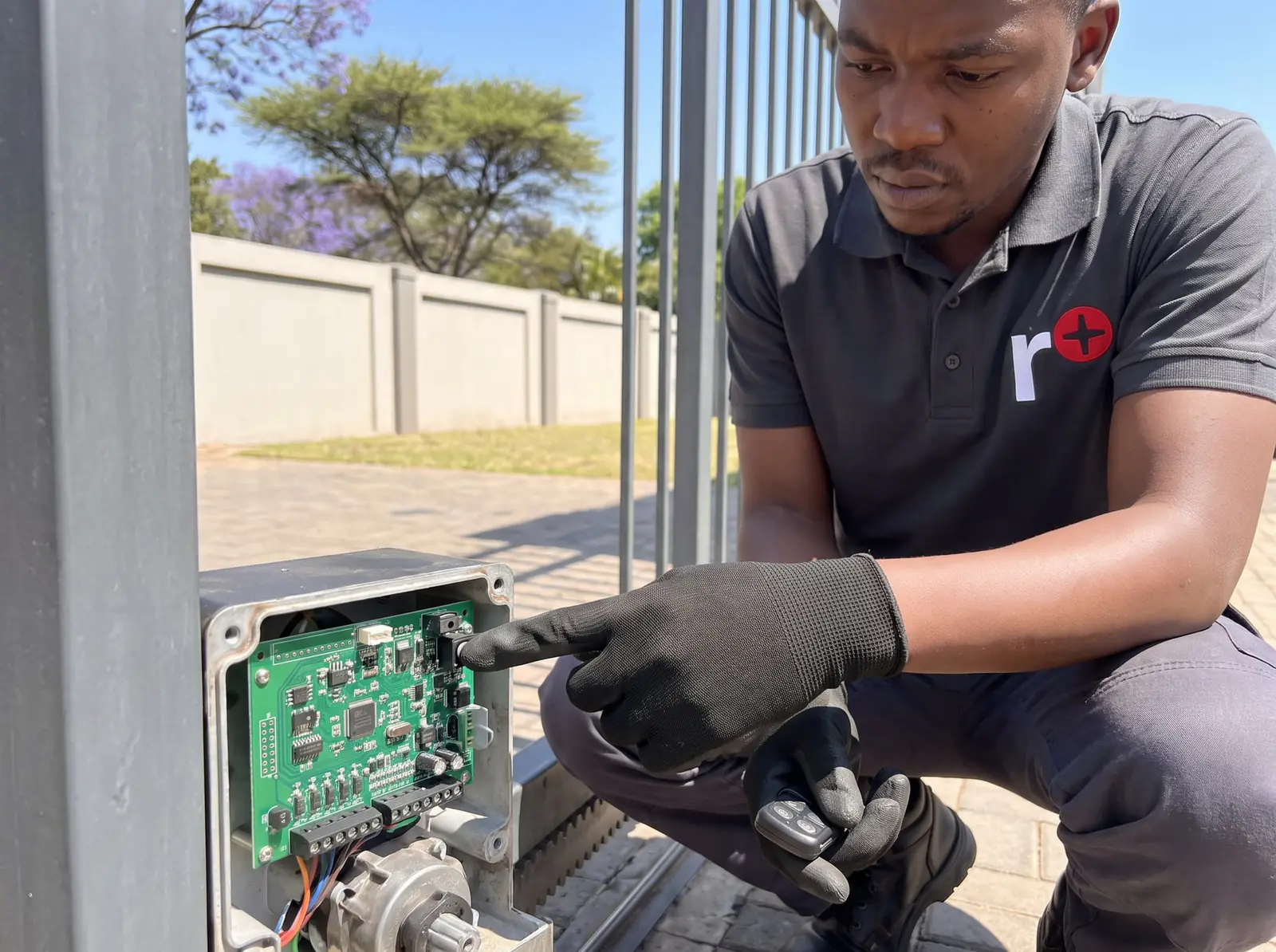 A technician holding a gate remote beside an open motor receiver board