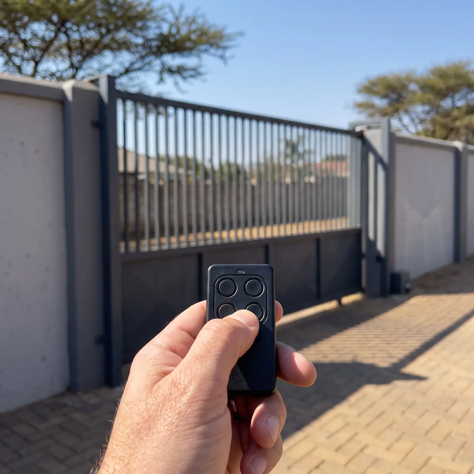 A hand pressing a small four-button gate remote, a sliding gate behind