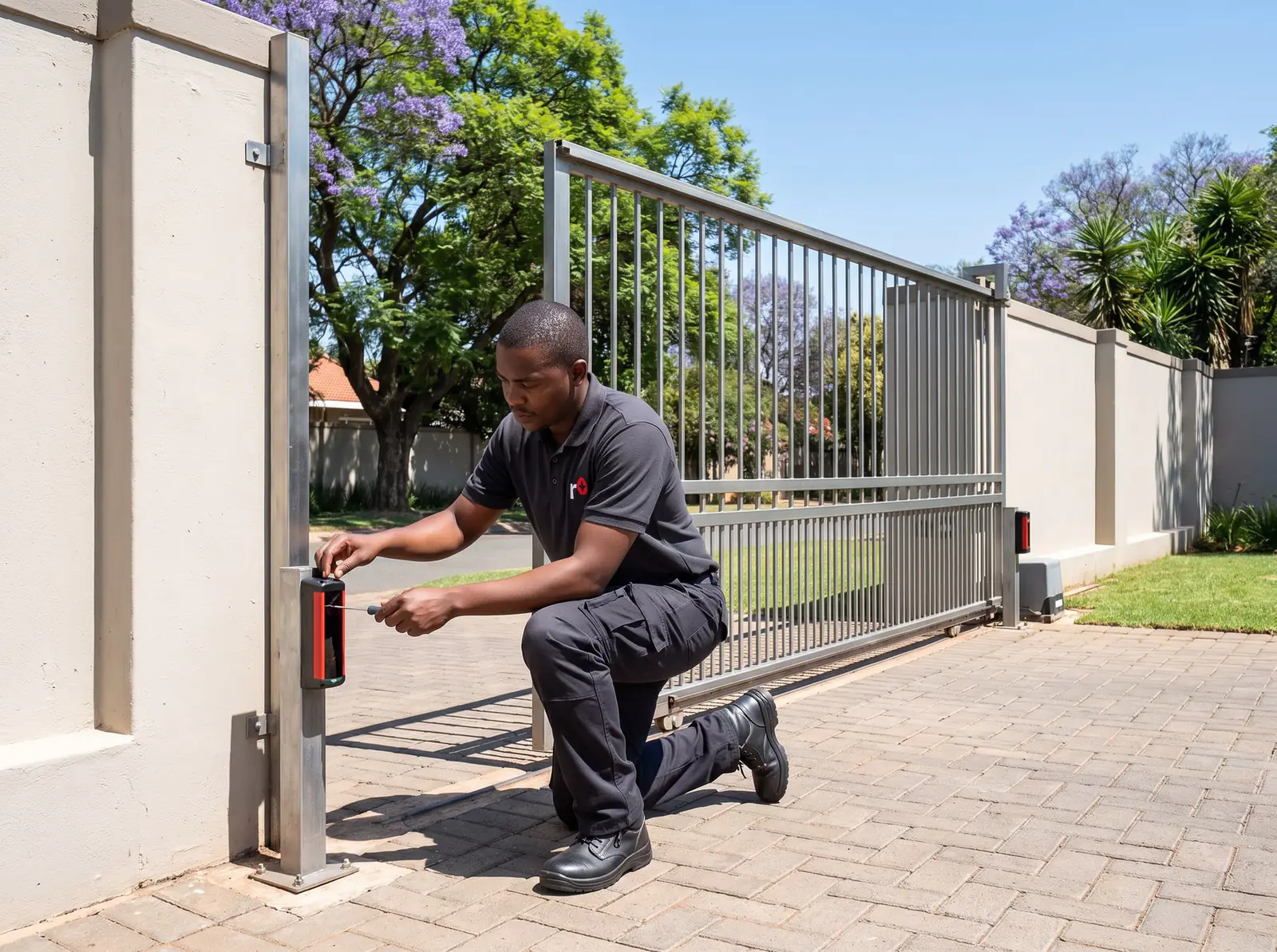 A technician aligning a safety beam on a short post beside a sliding gate