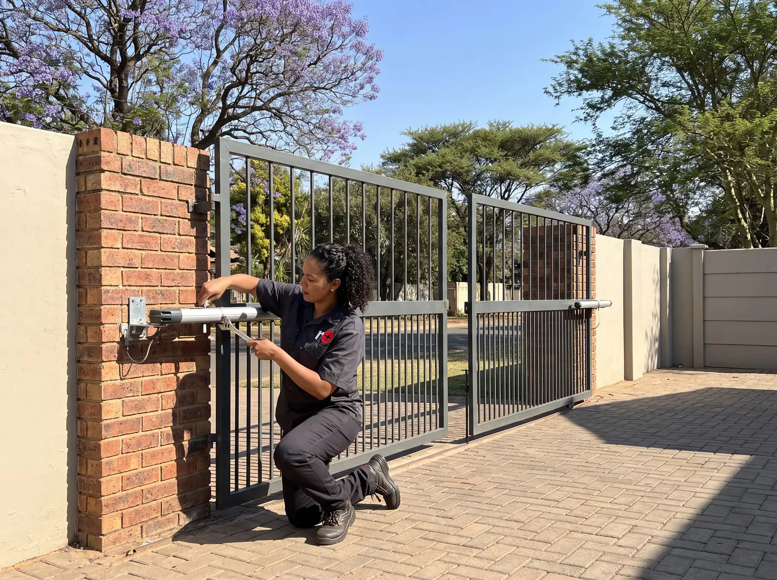 A technician adjusting the bracket of a gate arm on a brick pillar beside a double swing gate