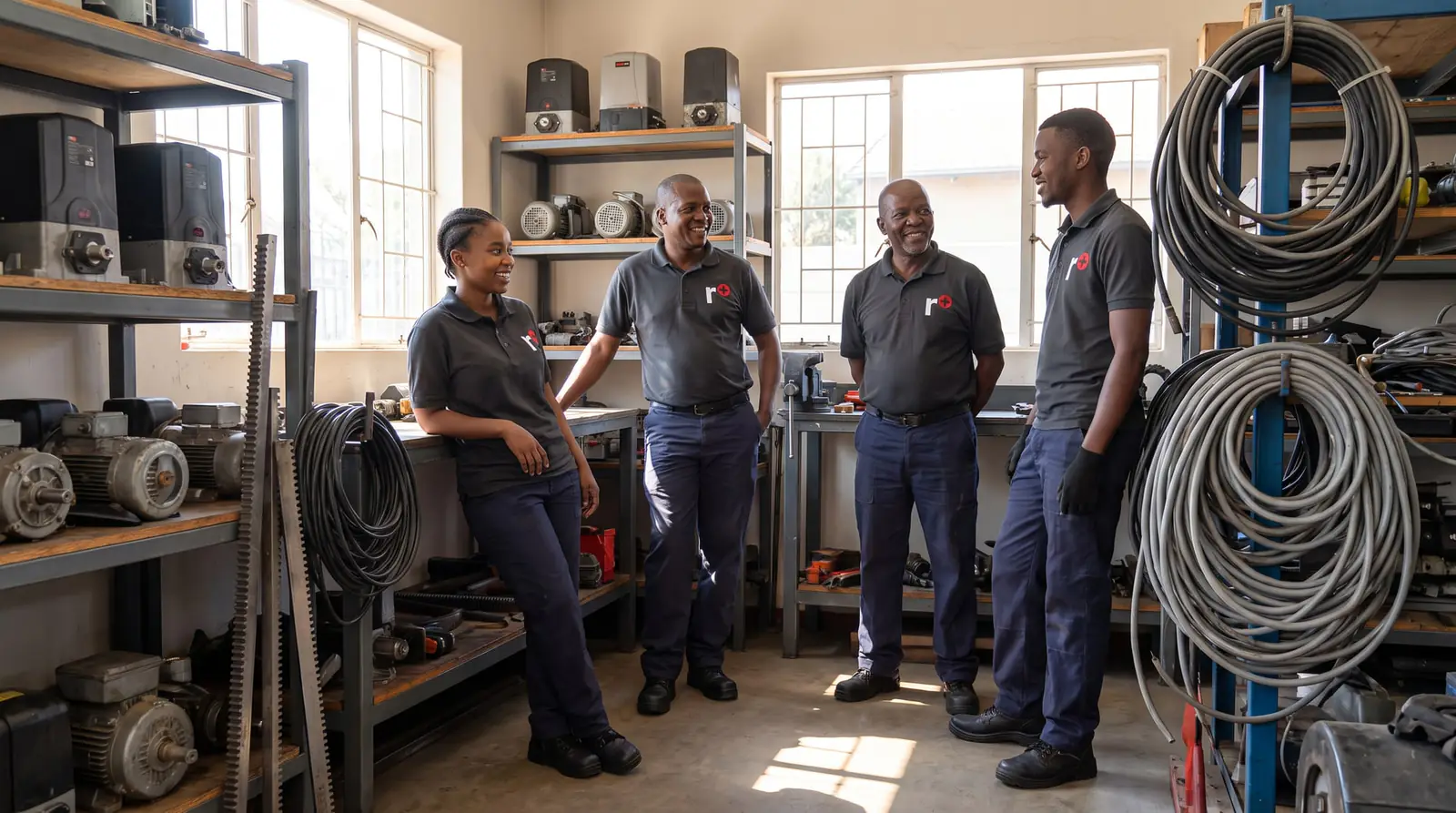 Four technicians in dark work shirts talking in a workshop with gate motors and cable on the shelves