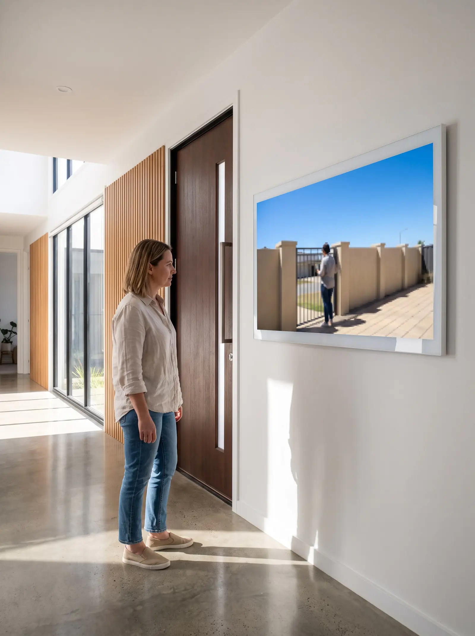 A woman in a hallway looking at a wall-mounted video intercom screen showing the gate