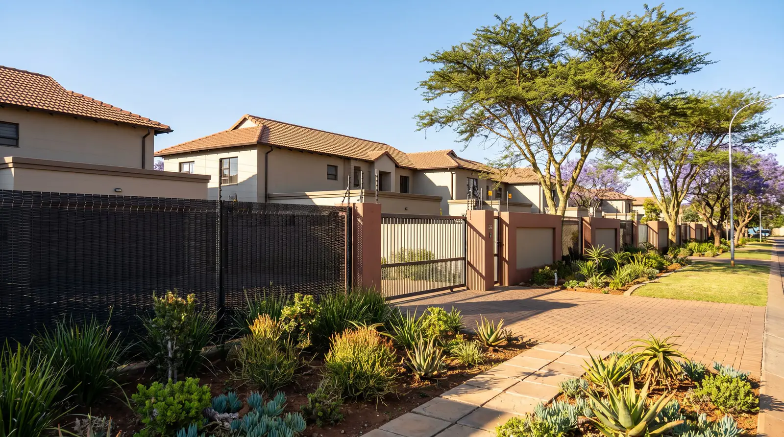A dark mesh fence around a townhouse complex with a planted garden in front