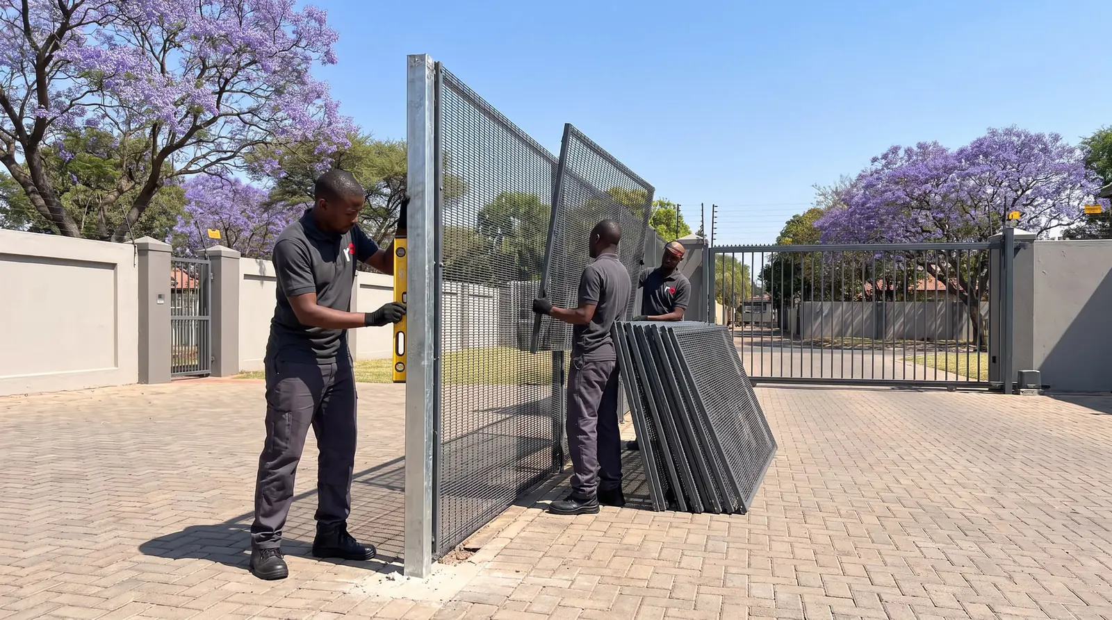 Technicians installing tall mesh security fence panels along a boundary